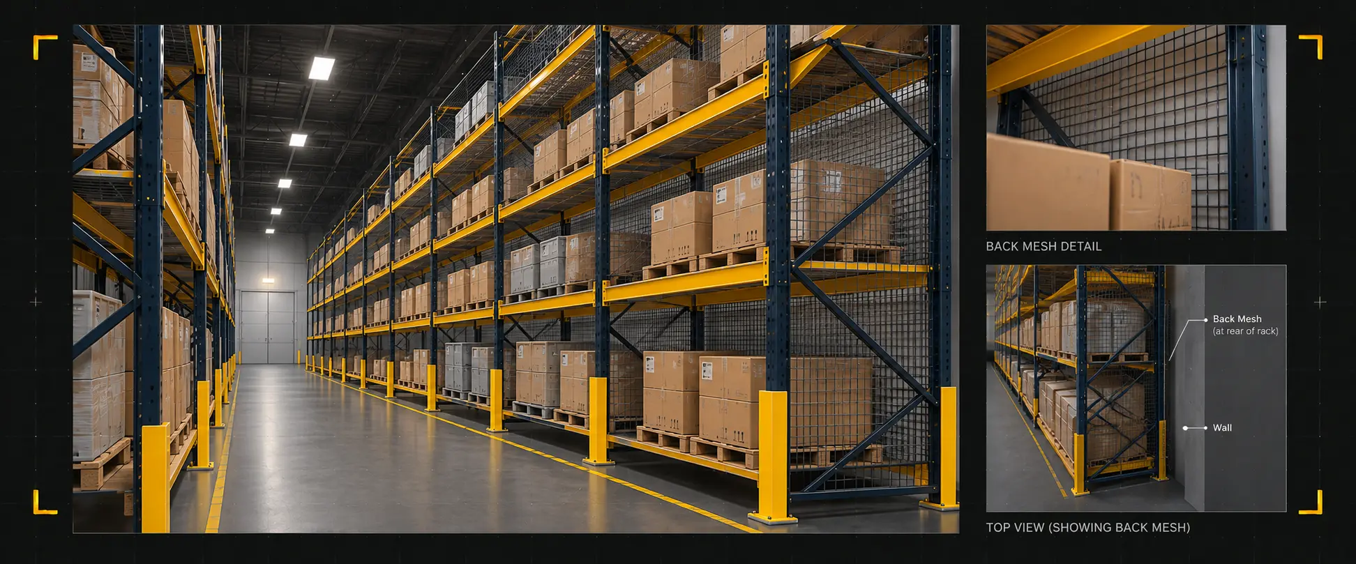 Modular barrier guarding separating pedestrian walkways from forklift traffic in a warehouse