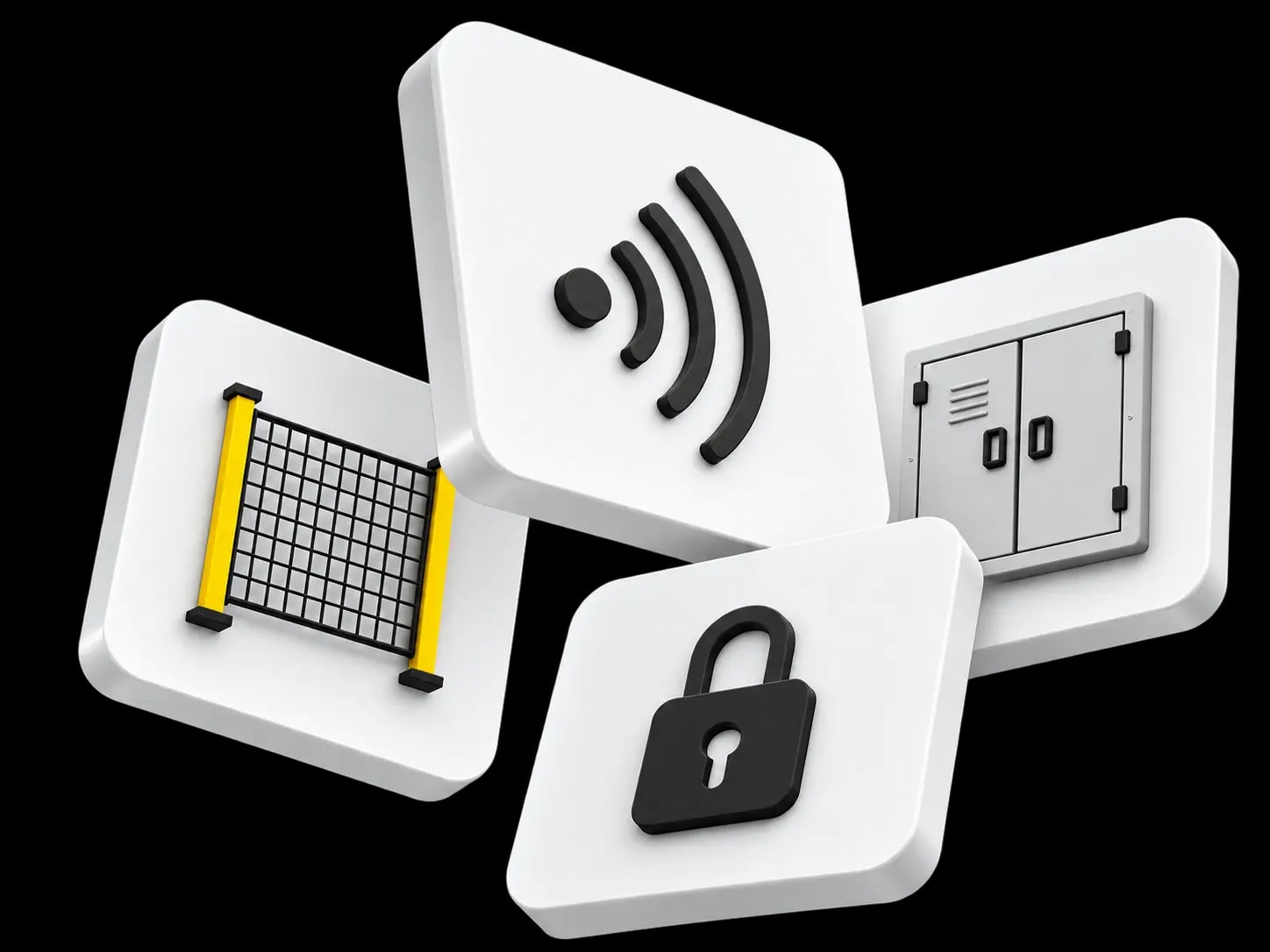3D-rendered cluster of white safety product icons — a wireless sensor, a padlock, mesh fencing, and an access control panel