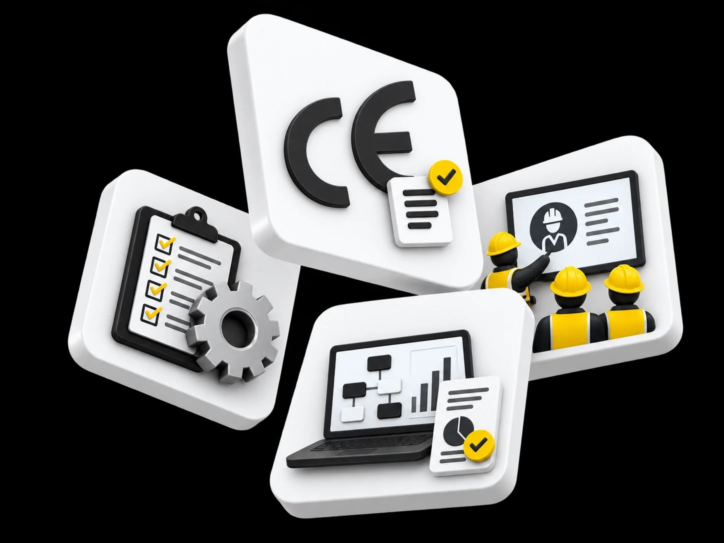 3D icon cluster representing CE marking, a risk assessment checklist, a compliance report and flowchart, and safety training