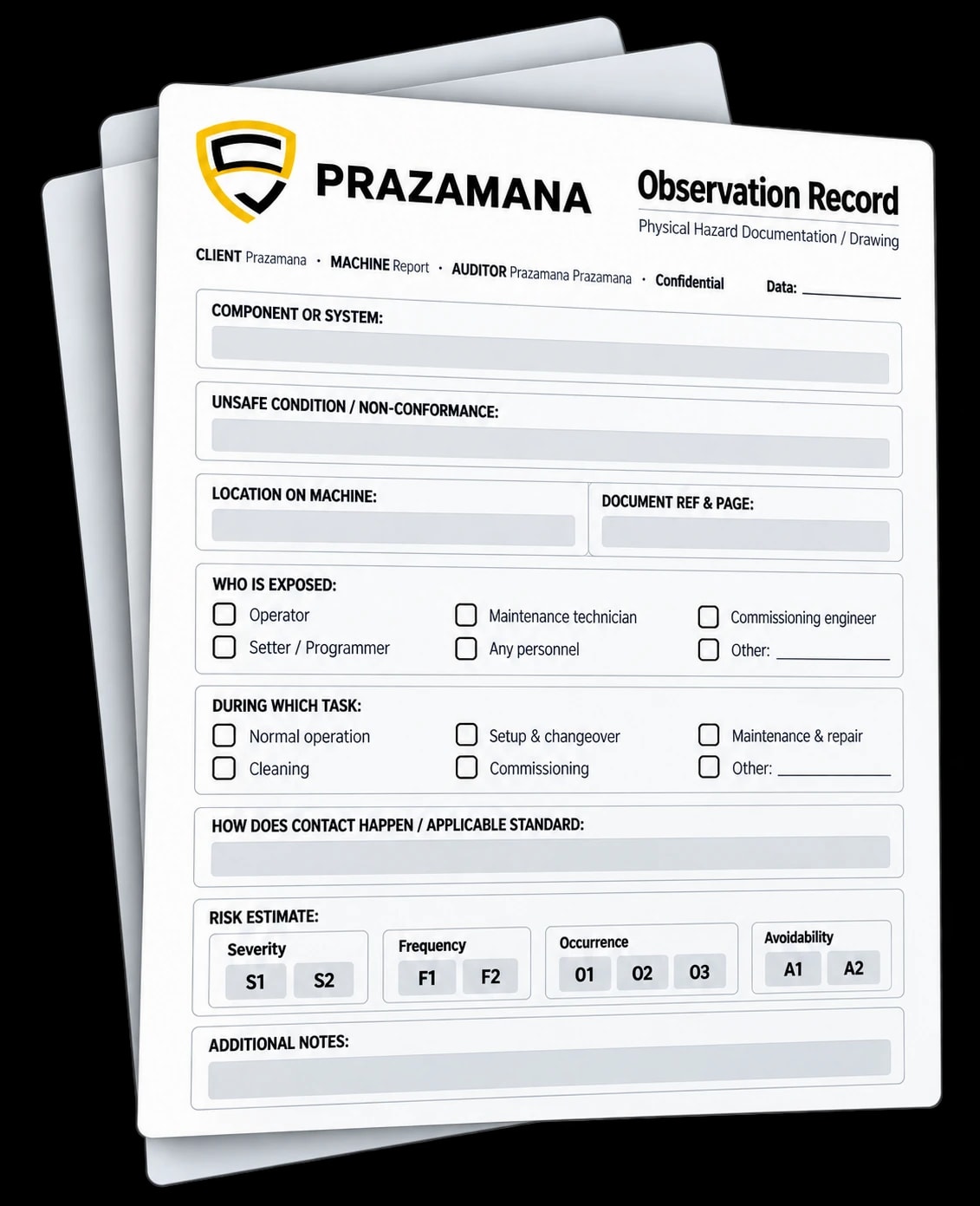 Prazamana observation record — a physical hazard documentation form used during a compliance review