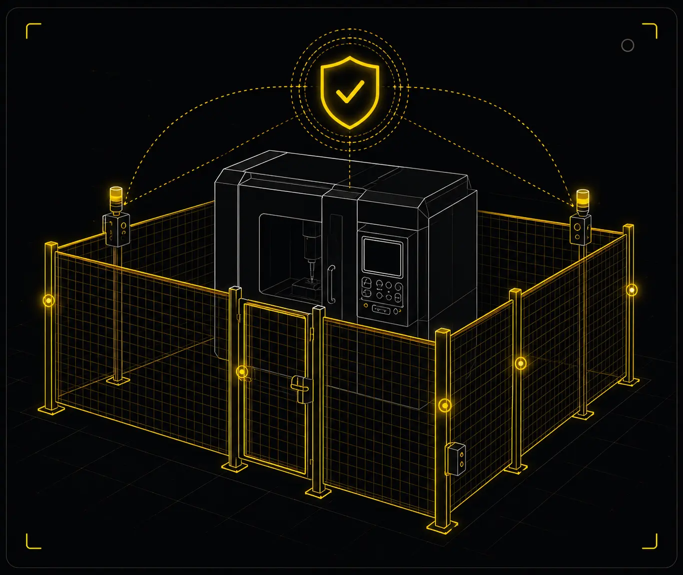 A machine enclosed inside guarded mesh fencing with sensor towers and a locked access gate