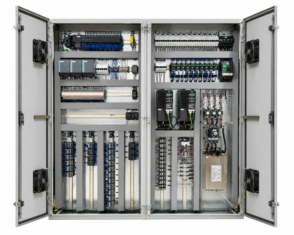 Open CE certified electrical control panel showing internal wiring and components