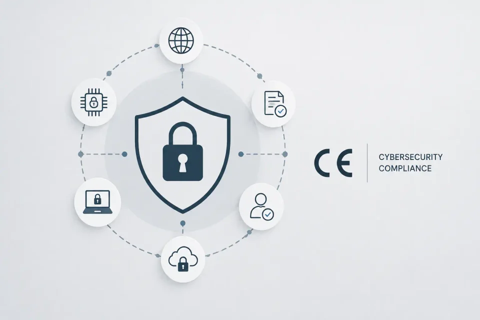Cybersecurity compliance diagram covering network, device, and data protection