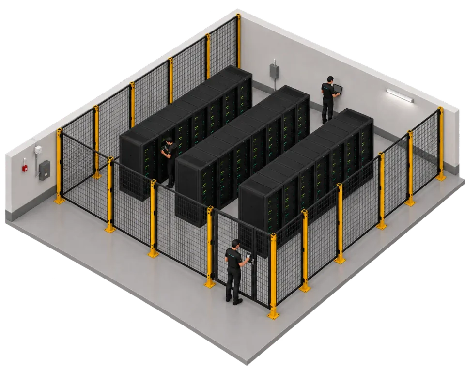Modular yellow-framed safety fencing enclosing a data centre server aisle