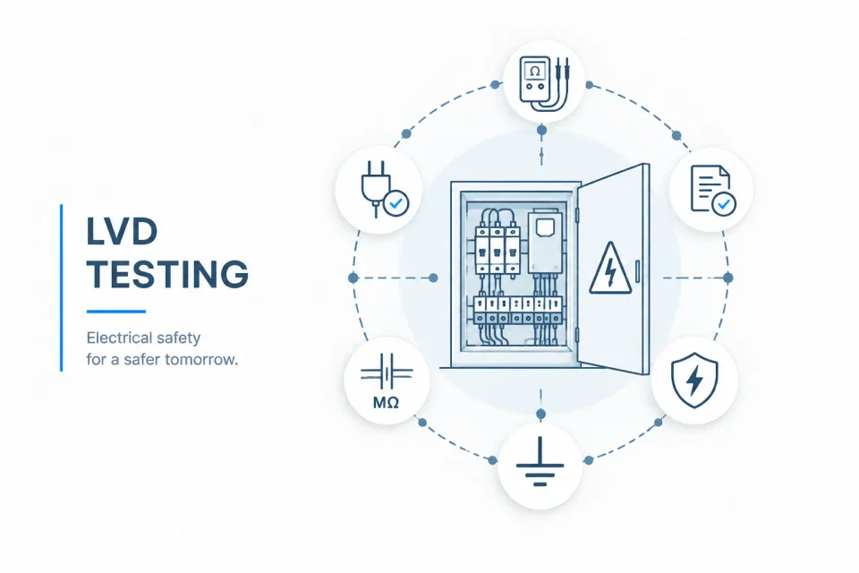 Diagram of LVD testing verifying electrical equipment against the Low Voltage Directive