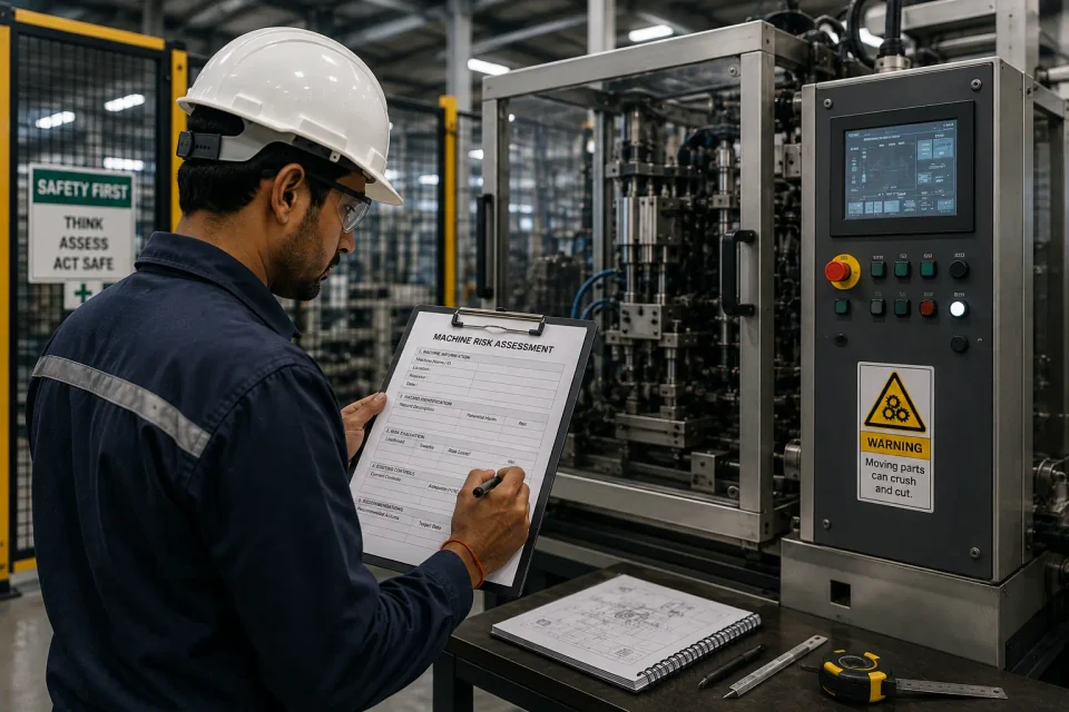 Engineer conducting a machine risk assessment on the factory floor