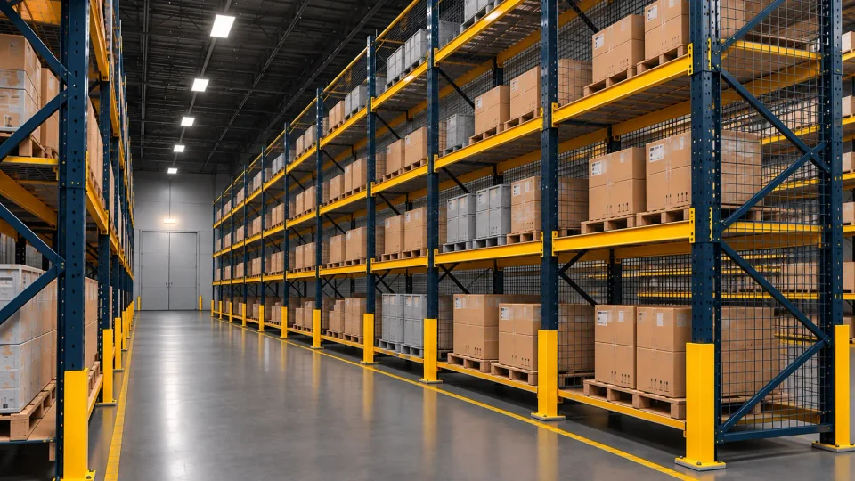 Wire mesh back guards fitted to the rear of pallet racking in a warehouse aisle