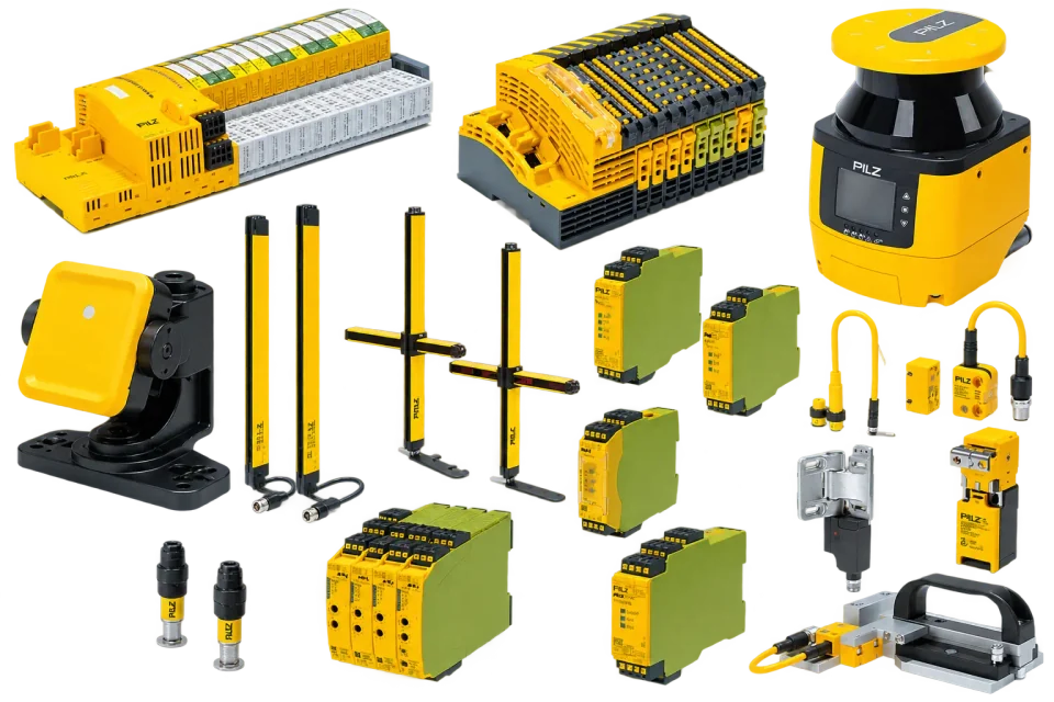 Collection of Pilz safety devices — scanners, light curtains, relays, and controllers