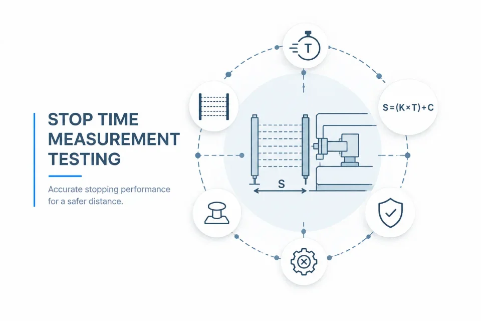 Diagram of stop time measurement testing a machine's stopping performance for safety distance calculation